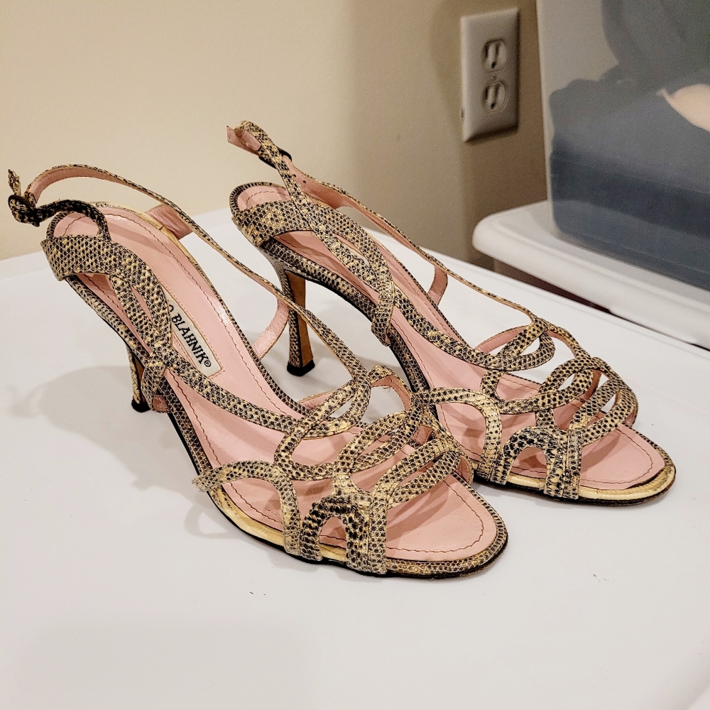 Manolo Blahnik Snakeskin Slingback Sandals 38.5